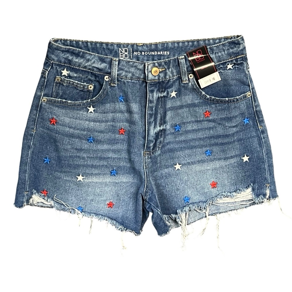 No Boundaries Denim Shorts USA Star Embroidered Distressed Hem Blue Wash NEW 9 - Picture 2 of 11